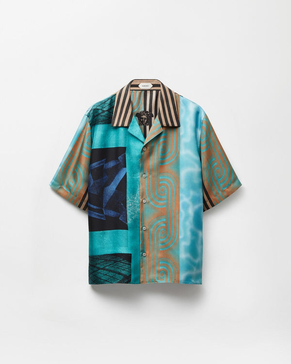 Premium Aqua Abstract Printed Cuban Collar Half Sleeve Shirt for Men | Modern Casual Resort Wear