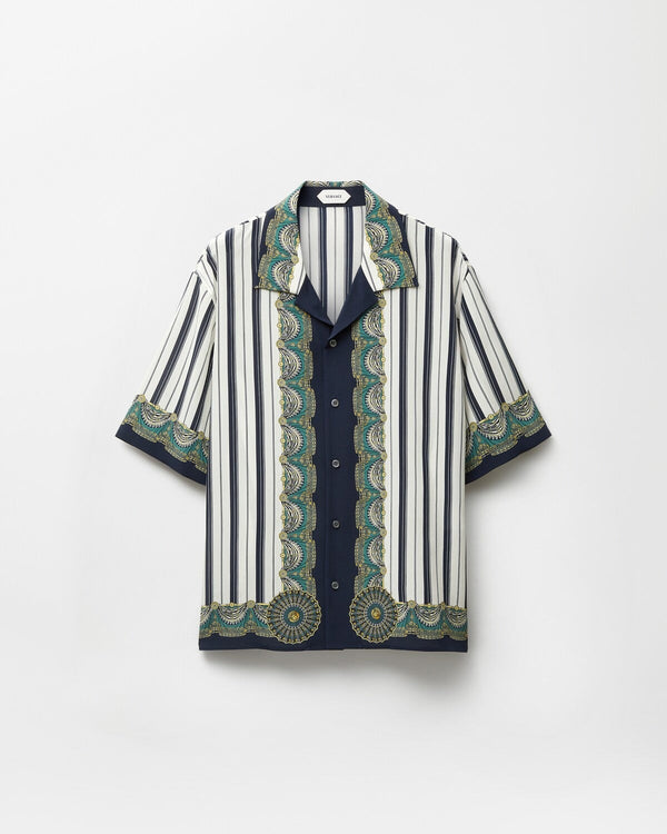 Premium Navy Stripe Baroque Printed Cuban Collar Half Sleeve Shirt for Men | Luxury Casual Resort Wear